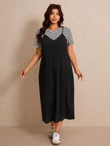 Elaquor Ensemble 2 pièces Top à manches courtes imprimé rayures et robe camisole couleur unie, grande taille - Noir et Blanc - Voir 1