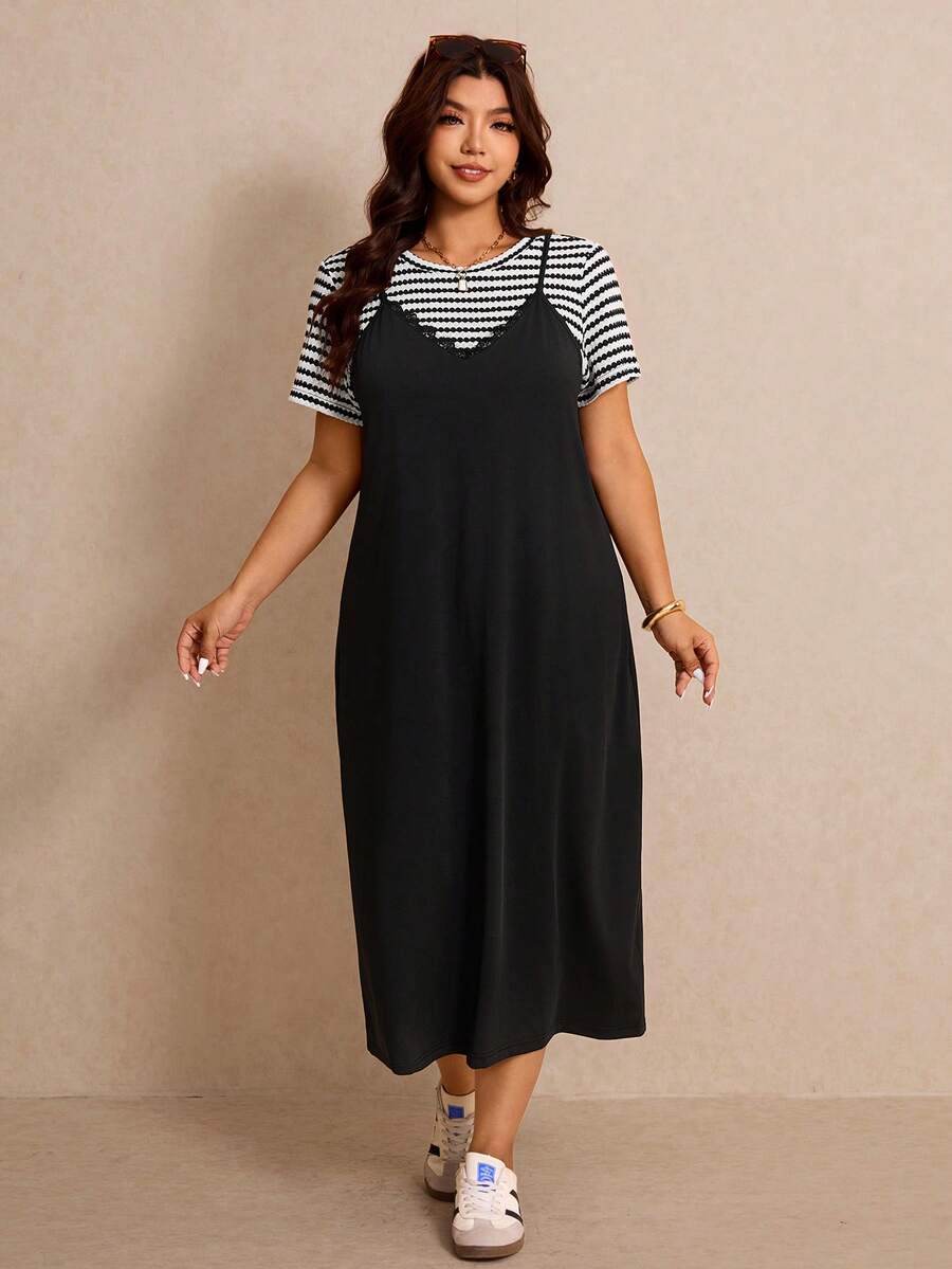 Elaquor Ensemble 2 pièces Top à manches courtes imprimé rayures et robe camisole couleur unie, grande taille - Noir et Blanc - Voir 1