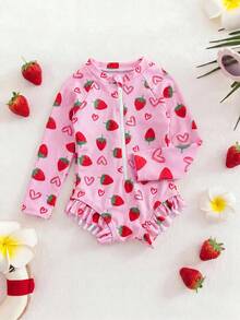 SHEIN 新生儿草莓印花长袖拉链泳衣，可爱沙滩装，粉色草莓爱心印花连体长袖泳衣，适合海滩穿着，可爱婴儿草莓图案长袖泳衣 - 粉色 - 查看 9