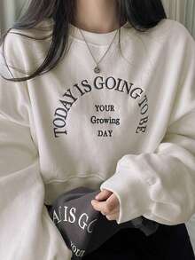 DAZY Embroidery Letter Pattern Drop Shoulder Oversized Pullover,Long Sleeve Tops Sweatshirt - White - View 7