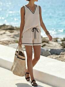 Breezaya Women's 2-Piece Cream And Black Striped Sleeveless V-Neck Linen Short Sets,Summer Casual Loose Fit Vacation Holiday Beach Resort Wear Outfits - Multicolor - View 4
