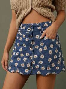 WESTFADE Scalloped Button Front Floral Print Denim Mini Skirt, Autumn, Fall, Female Country Look, Cowgirl, Rodeo, Concert, Back To School - Multicolor - View 6