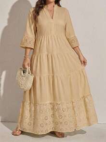 SHEIN LUNE Plus Size Women's Casual Beach Vacation Solid Color Contrast Schiffy Panel Notched Neck Ruffle 3/4 Sleeve Dress, Spring/Summer/Autumn - Khaki - View 8