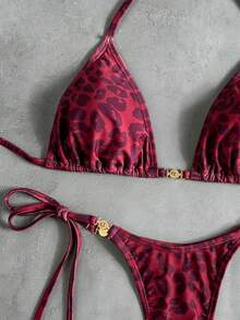 Swim Vcay 女士热带豹纹性感两件式比基尼套装，配金属配饰，休闲度假装 - 彩色 - 查看 4