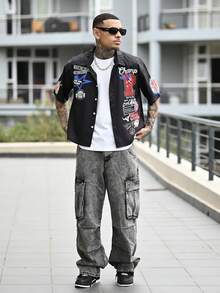Devon Thys 男士休闲标语印花短袖衬衫，夏季 - 黑色 - 查看 1