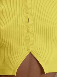 MUSERA Rib Knit Crew Neck Button Cropped Short Sleeve Fitted Top Summer Beach Resort Cute Holiday Vacation Back To School Winter Everyday Work Office - Light Yellow - View 3