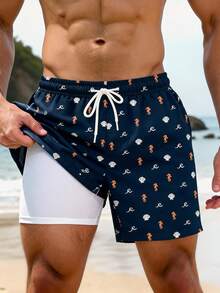 VIVINTIMO Men's Seahorse, Shell, Wave Print Beach Shorts, Milk Silk Lining Faux Sheer, Suitable For Island Vacation, Hawaii Resort, Holiday - Multicolor - View 3