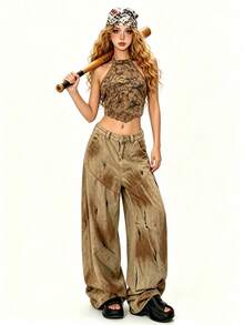 HueRush Women's Floral Print Asymmetric Hem Halter Neck Camisole Music Festival Brown Checkered Summer Grunge - Khaki - View 5