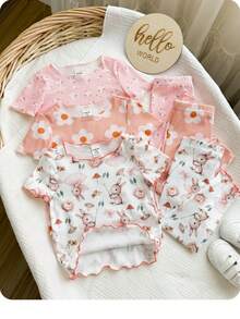 6pcs/Set Baby Girl Cute Cartoon Bear & Floral Print Ruffle Trim Round Neck Short Sleeve Pants Casual Comfy Knitted Pajamas Set - Pink - View 4
