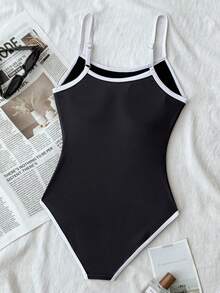 SHEIN Girlism Tween Girls' Minimalist Active Letter Print Black Contrast One-Piece Swimsuit, Suitable For Beach, Vacation, Surfing Summer - Black - View 2