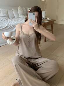 DAZY Women's Summer Simple Solid Color Contrast Lace Camisole And Pants Pajama Set - Khaki - View 7