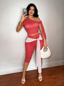 SHEIN SXY Bộ đồ thường ngày gồm áo kiểu bất đối xứng thắt nơ phía trước và quần lửng bó sát họa tiết da báo. - Đỏ và trắng - Xem 5