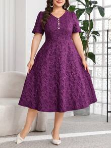 Reflora Đầm nữ cỡ lớn, thanh lịch, lãng mạn, tay ngắn, dài ngang gối, thích hợp cho mùa xuân và mùa hè. - Màu tím - Xem 7