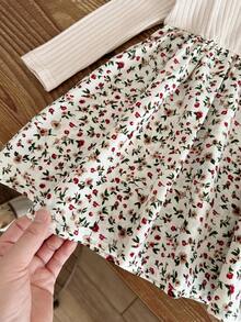 LMoss Kids 女婴针织纯色圆领拼接雪纺花卉下摆休闲连衣裙 - 彩色 - 查看 5