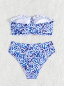 Swim Lushoire 女士可爱碎花吊带荷叶边甜心珍珠吊坠抽绳比基尼泳装套装，海滩夏日度假装 - 彩色 - 查看 2