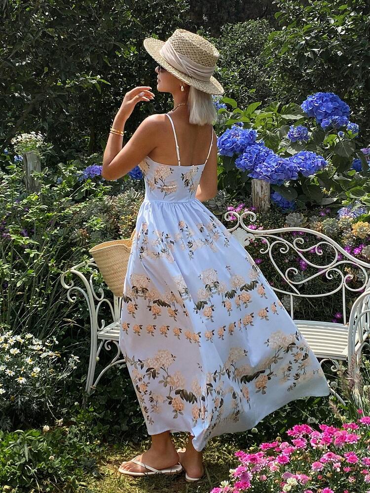 Floral Print Waist Cinched A-Line Dress, Elegant Bohemian Holiday Style For Women, Summer