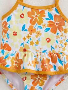 SHEIN Newborn Baby Floral Print Ruffle Hem Fashionable Swimsuit - Multicolor - View 3