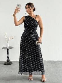 Firerie Đầm maxi dáng ôm không tay, thanh lịch, tối giản, thời trang dành cho nữ cỡ lớn, phù hợp cho công sở, đi làm, lễ hội âm nhạc, du lịch biển, với chi tiết đính sequin xuyên thấu, cổ áo bất đối xứng và xếp ly. - màu đen - Xem 7