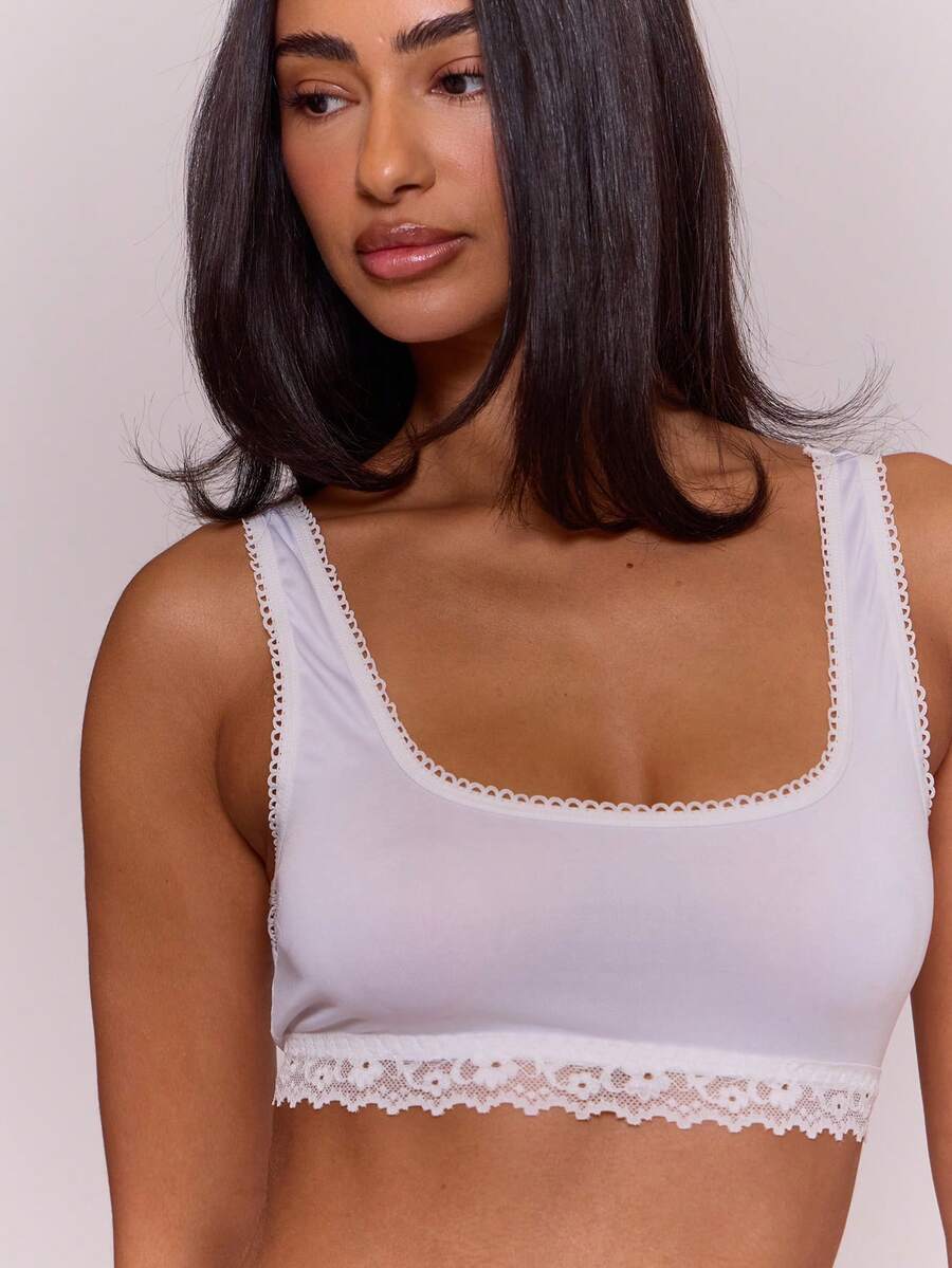 MUSERA Áo bralette cổ tròn viền ren, viền ren gấu, kiểu dáng dễ thương, gợi cảm, thích hợp mặc hàng ngày, nội y mùa xuân hè, đi nghỉ mát. - trắng - Xem 1