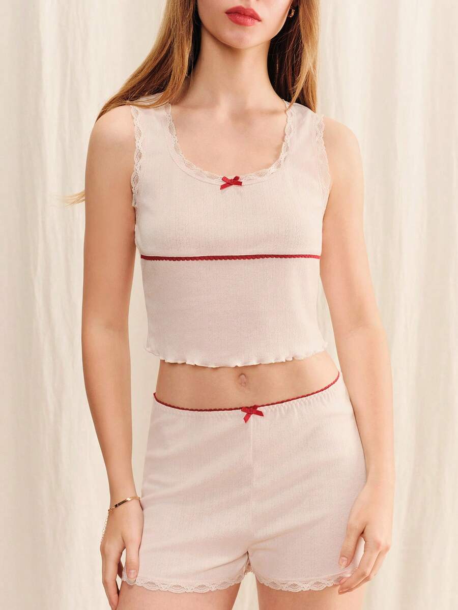 lacRébo Pink Pointelle Top And Short Sleepwear Set With Contrasted Red Bows And Pipings Cute Pink Sleepwear Set Summer Homewear - Pink - View 1