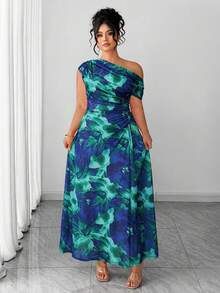 Elenzga Plus Size Women's Vibrant Multi-Color Floral Print Elegant Off-Shoulder Maxi Dress - Green - View 5