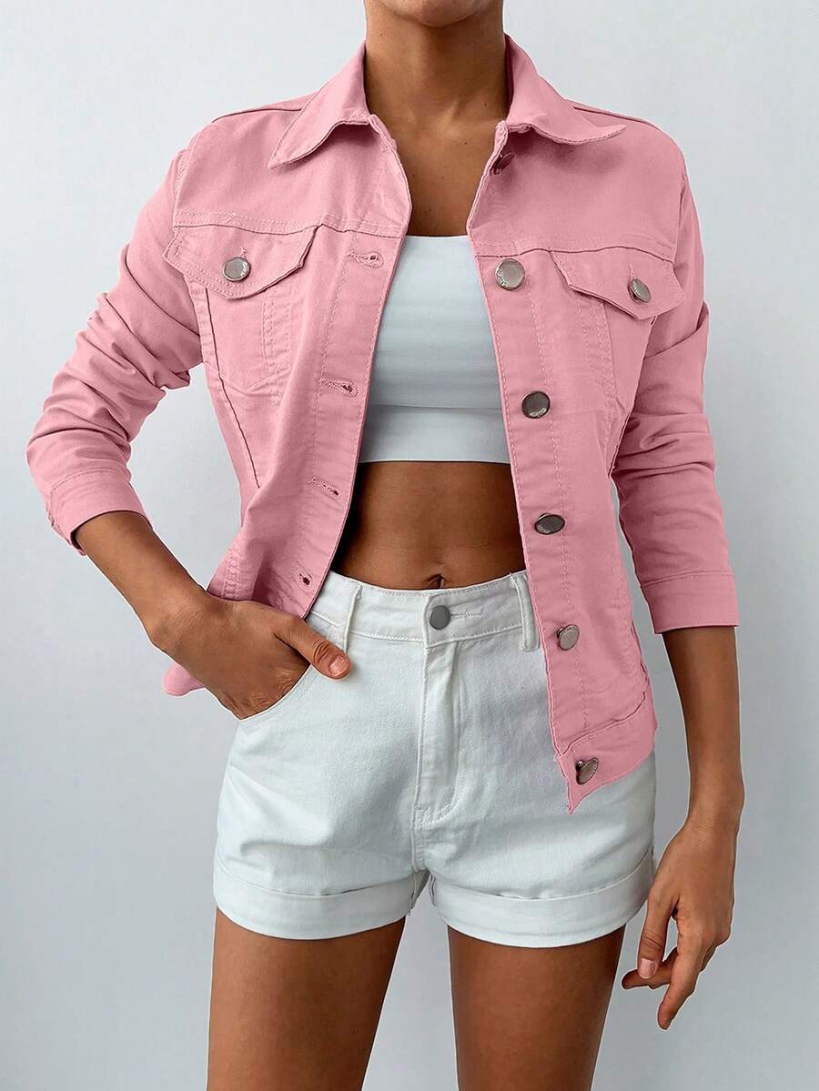 SHEIN Cottnline 98%Cotton Flap Pocket Button Front Denim Jacket - Baby Pink - View 1