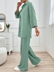 EURMUSE Women Casual Simple Solid Color Button Up Shirt & Pants Set, Autumn - Mint Green - View 6