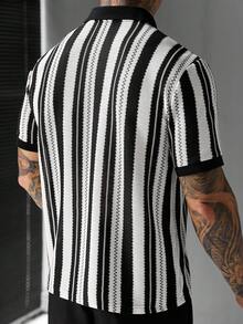 SLATEMANN Camisa polo de verano casual para hombres con bloques de color y rayas - Blanco y Negro - Ver 2