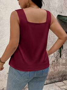 EMERY ROSE Plus Size Square Neck Tank Top, Vertical Pleats Design Flatters Figure, Loose & Comfortable Fit, Friendly Shoulder Straps - Burgundy - View 2