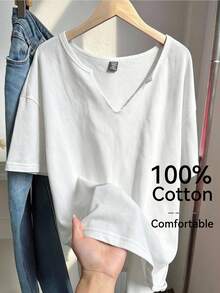 Comfortcana 大码春夏服装，复古水洗宽松短袖V领T恤，纯棉面料，春夏款 - 白色 - 查看 7