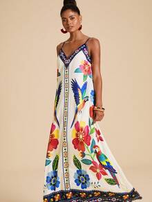 Travachic Vestido de tirantes finos holgado con estampado floral, adecuado para vacaciones de verano - Multicolor - Ver 5