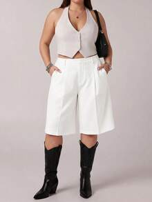 SHEIN Tall CURVE Plus Size Women's Solid Color Pleated Zip Pocket Casual Bermuda Shorts - White - View 6