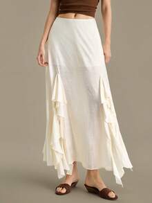 Ontre 2026SS Nuova estate Gonna ampia tinta unita bianca/beige da donna, minimalista ed elegante, stile urbano chic, con volant e vita elastica a pieghe, adatta per uscite, vacanze, feste, matrimoni, ufficio, scuola, gonna versatile di moda - Bianco - Visualizzare 3