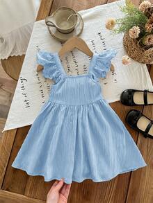 LMoss Kids Vestido casual de niña con cuello cuadrado, volantes en el bajo y unicolor tejido - Celeste - Ver 2