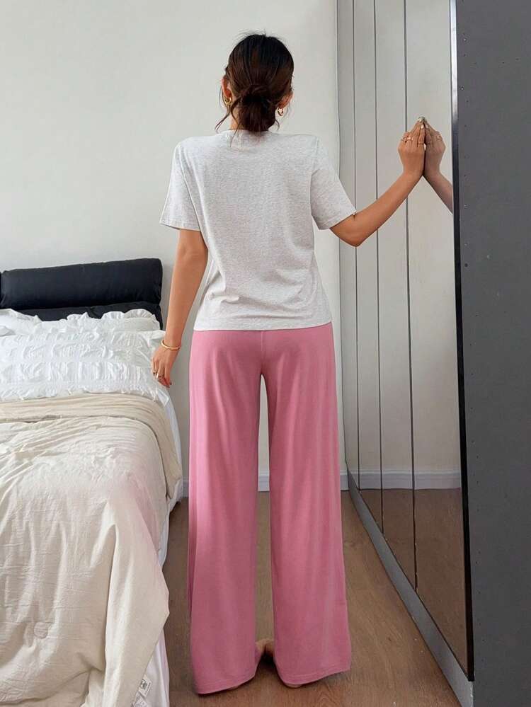 Women's Summer Letter Print Loose T-Shirt Top And Solid Color Loose Pajama Pants Sleepwear Set