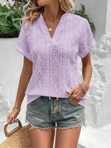 EMERY ROSE Vacation Casual Solid Color Textured Notch Neck T-Shirt - Mauve Purple - View 3