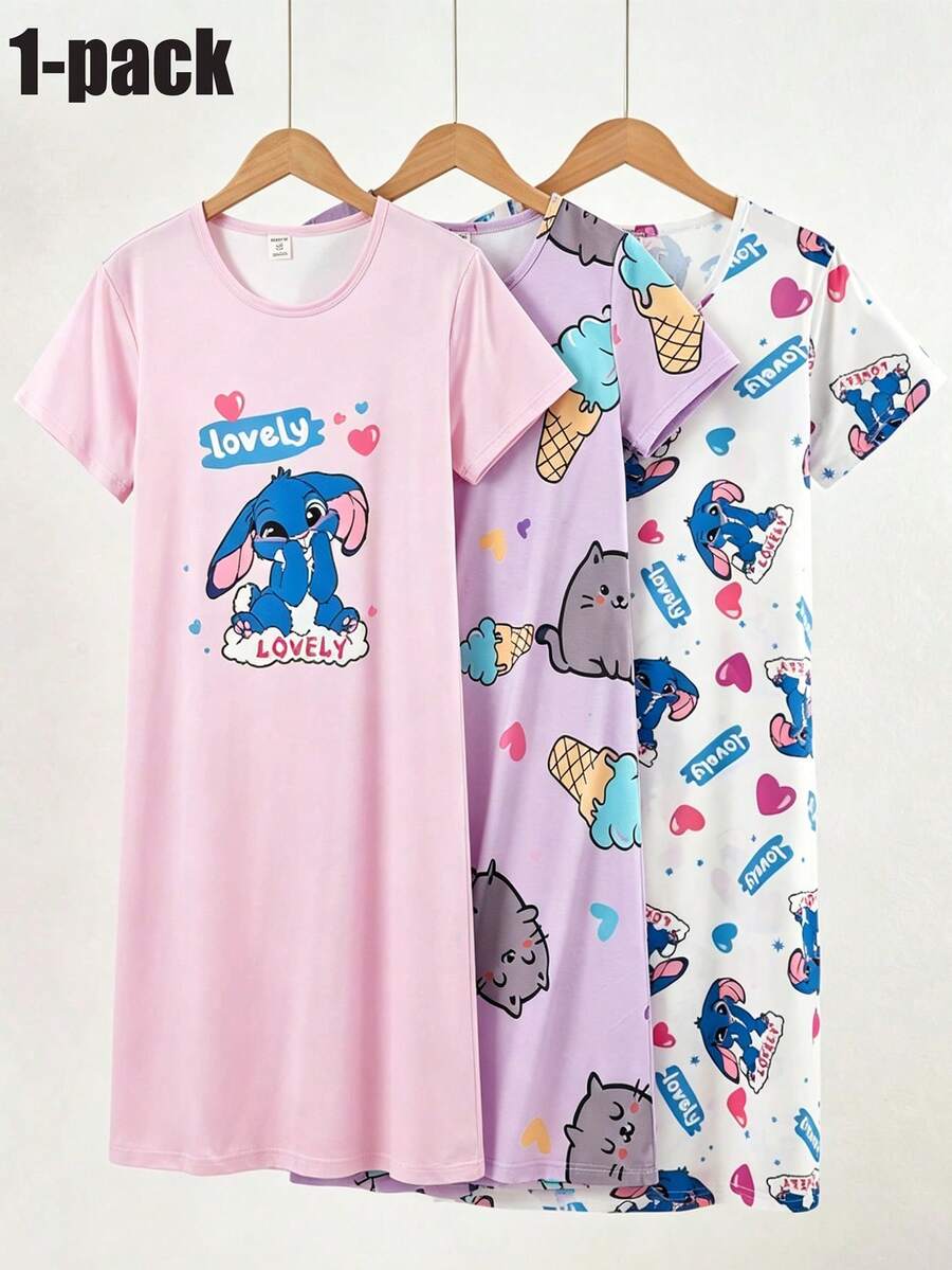 紫色卡通可爱冰淇淋猫印花休闲舒适宽松连衣裙,适合少女和女性,夏季睡衣 - 淡紫色 - 查看 1