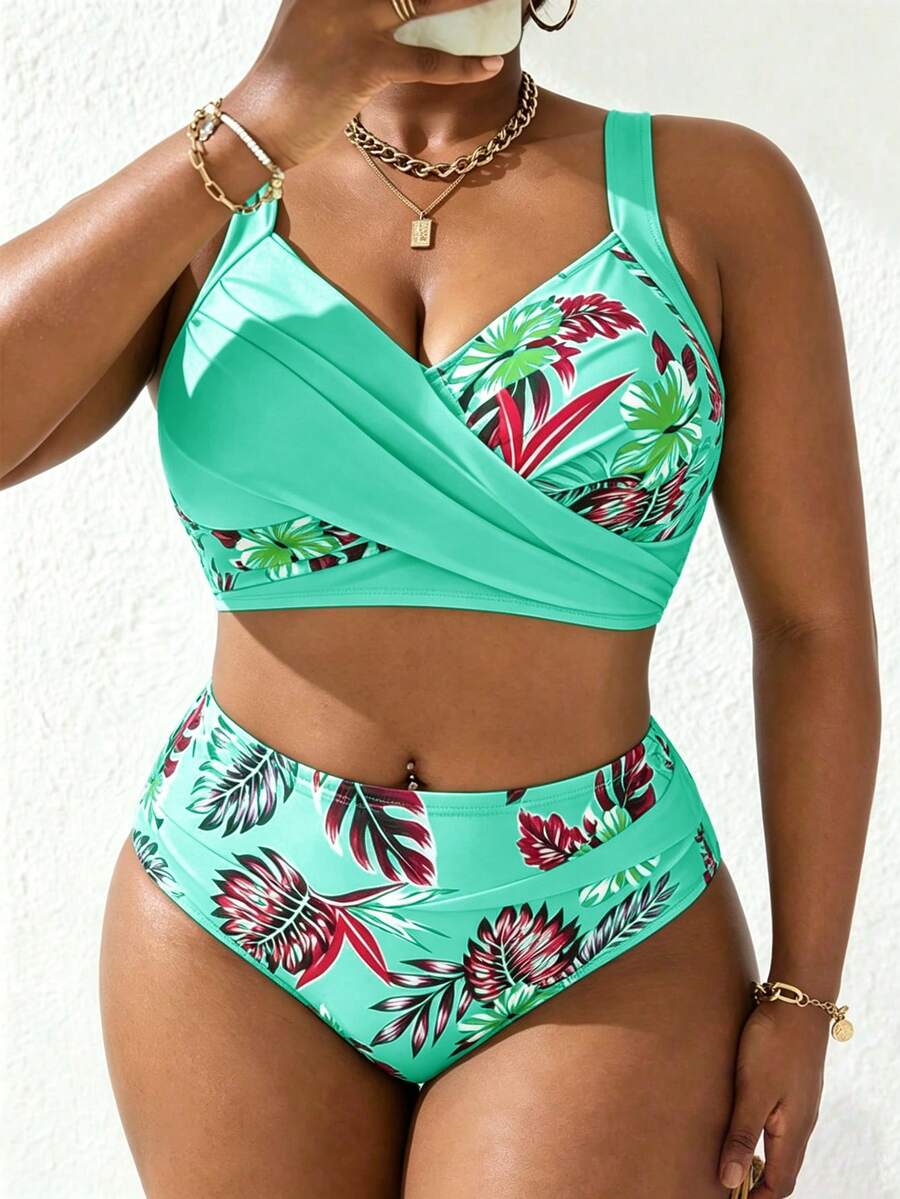 Slaydiva Plus Size Women 2pcs Mint Floral Print Tankini Swimwear Set, Summer Beach Holiday - Multicolor - View 1