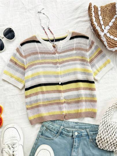 Travachic Plus Size Colorblock Striped Print Button Front Casual Short Sleeve Knit Top