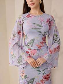 Veilorie 女士优雅印花喇叭袖收腰连衣裙，适合春秋度假穿着 - 淺灰紫 - 查看 3
