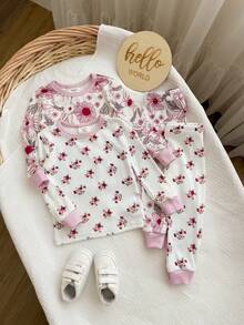 Baby Girl Floral Print Top And Pants Pajama Set - Baby Pink - View 8