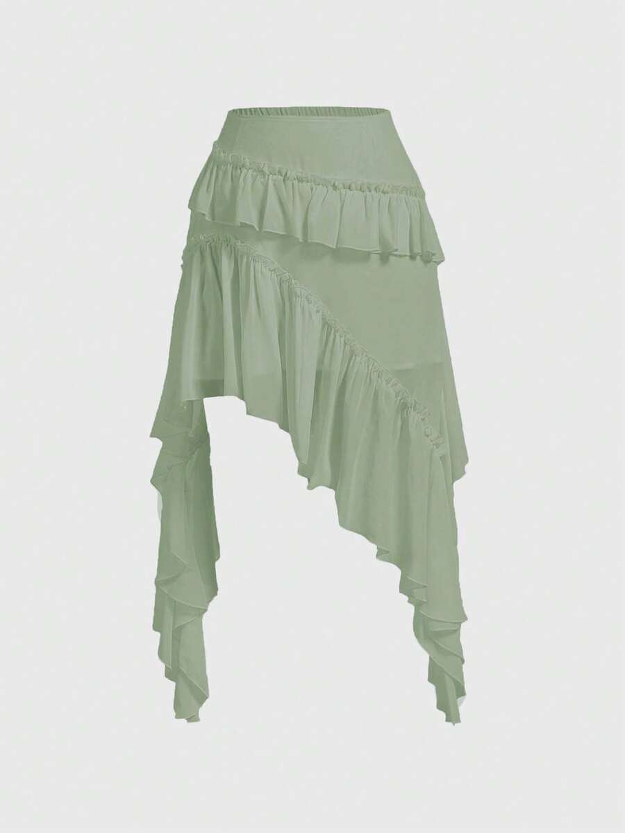 SHEIN MOD Plus Size Women's Asymmetrical Ruffle Hem Skirt - Green - View 1