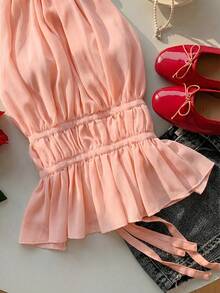 SHEIN EZwear Ruched Halter Backless Tie Back Camisole - Orange - View 5