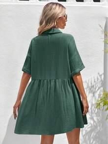 SHEIN VCAY Plus Size Blouse Collar Batwing Sleeve Patchwork Dress Green Summer Women Button Up Short Cotton Casual - Olive Green - View 2