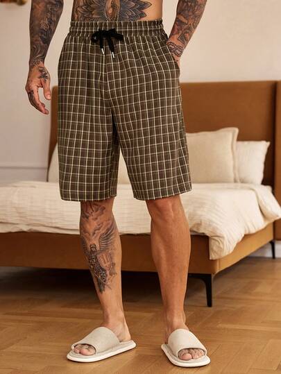 DAZY Short Green Plaid Elastic Waist Men's Loungewear Bottoms