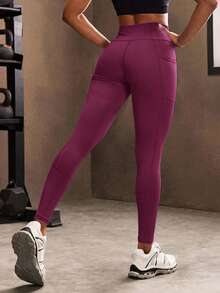 Powerista Women's Minimalist Solid Color High Waist Patchwork Pocket Shapewear Leggings - Red Violet - View 4