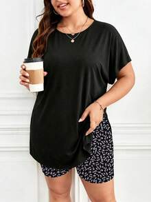 Lounesse 2pcs Plus Size Set: Minimalist Ditsy Floral Pants And Contrast Color Top - Multicolor - View 1