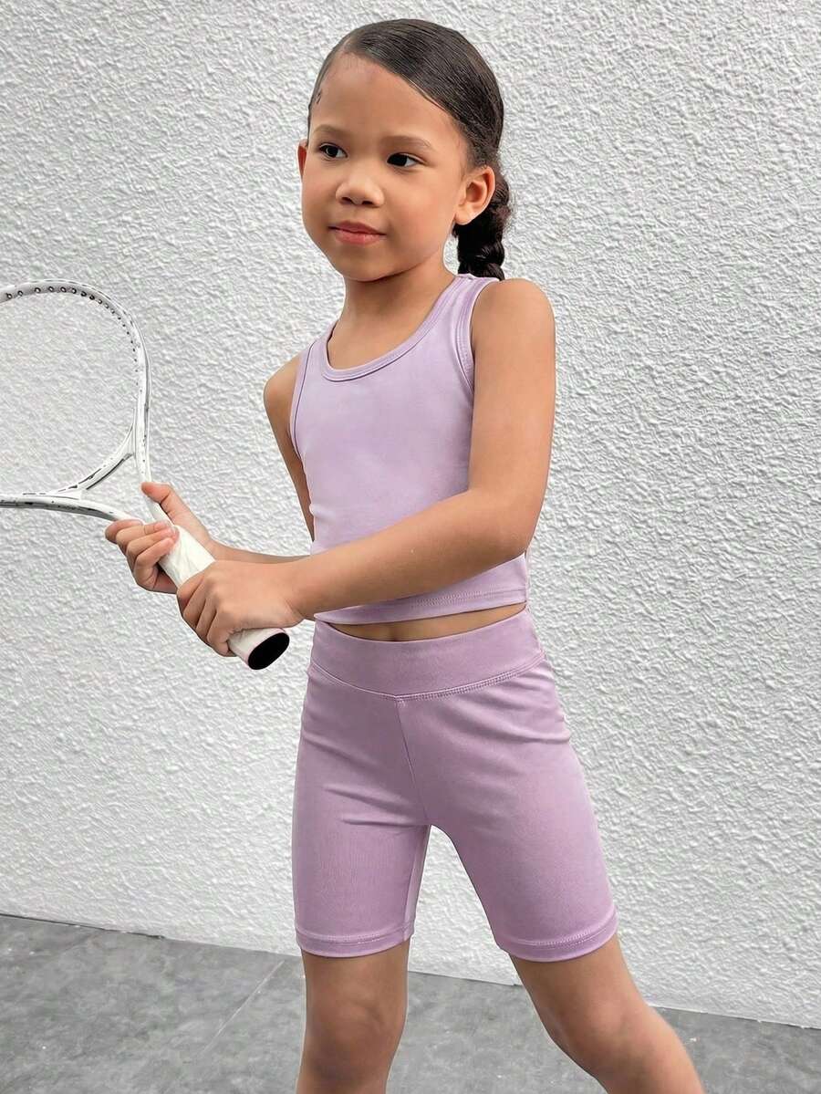 SHEIN 2 piezas Conjunto deportivo de top de tirantes y shorts de unicolor tejido para niña - Verde - Ver 1