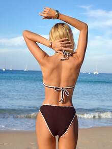 Swim Vcay 2 piezas Conjunto de bikini con recorte de color contrastante, para vacaciones en la playa - Café integral - Ver 2