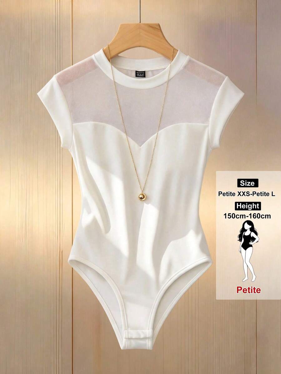SHEIN PETITE 女款時尚透視網紗立領修身連身衣,小飛袖,適合嬌小女性 - 白色 - 查看 1